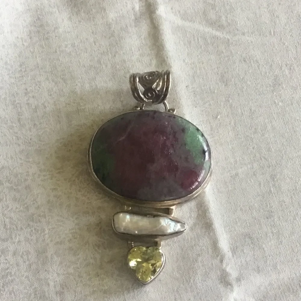 SS Ruby Zoisite, Biwa Pearl, Lemon Quartz Pendant